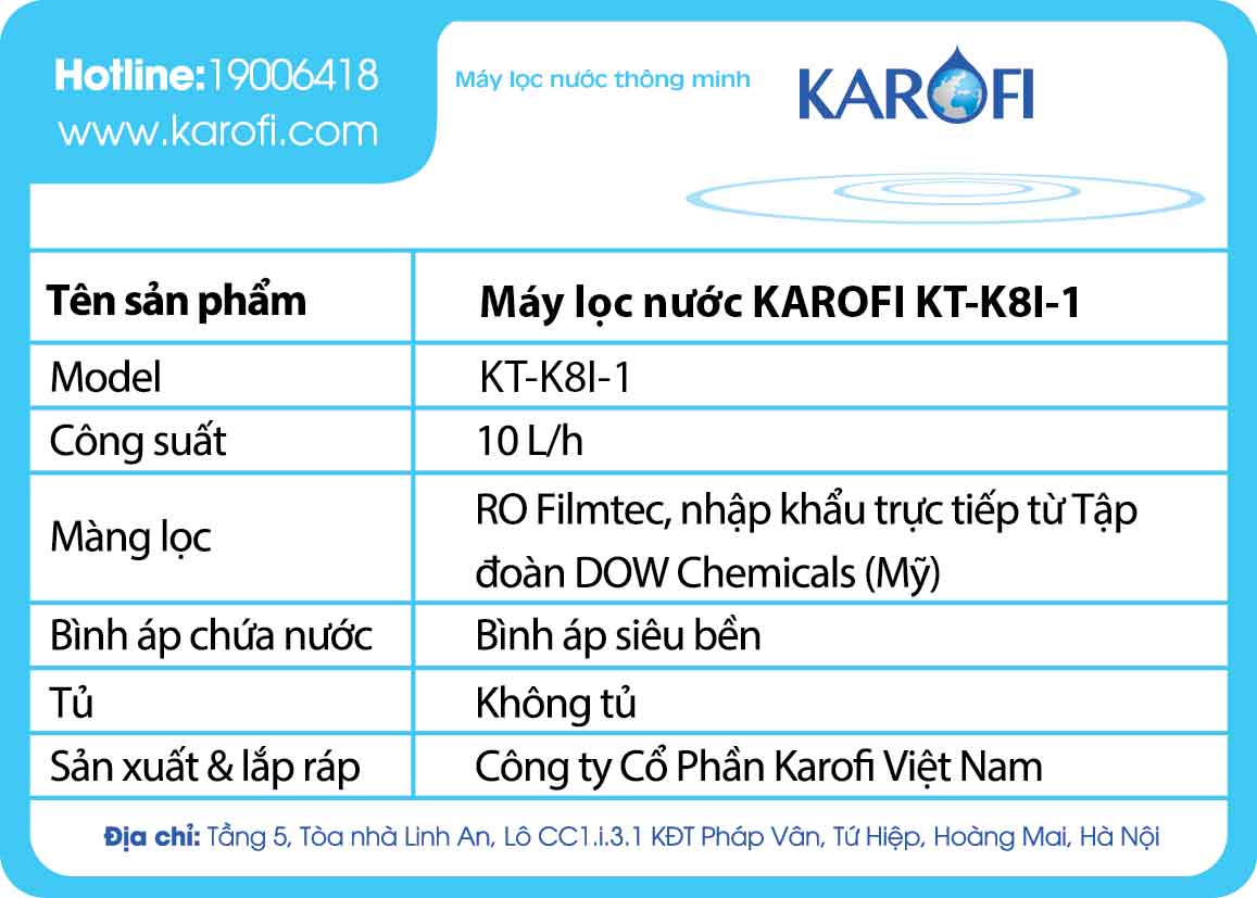Tem Máy lọc nước Karofi thông minh 8 lõi iRO 1.1 